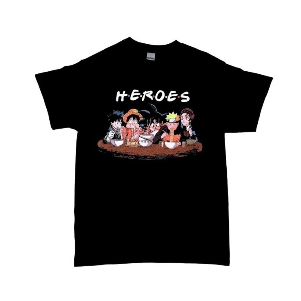 Anime Heroes Ramen shirt Mens Medium Naruto Luffy Goku Tanjiro Black Graphic Tee